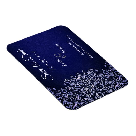 青エレガントと白のダマスク日付を保存 マグネット (右側)