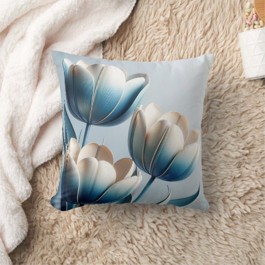 青エレガントと白のチューリップ クッション (ブランケット)