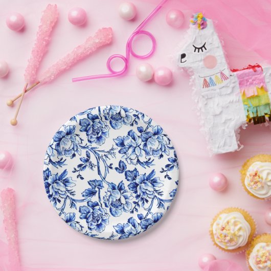 青エレガントと白のトイルフローラ ペーパープレート (パーティー)