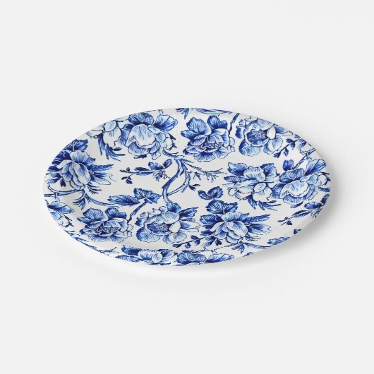 青エレガントと白のトイルフローラ ペーパープレート (アングル)