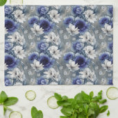 青エレガントと白のバラとユリ キッチンタオル (折り畳み)