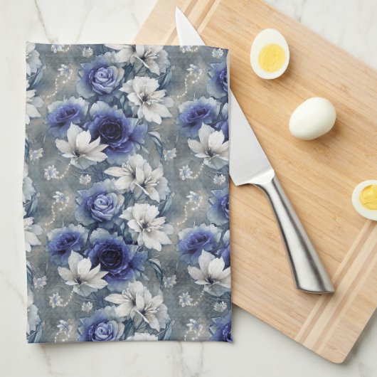 青エレガントと白のバラとユリ キッチンタオル (四つ折り)