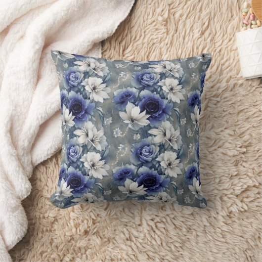 青エレガントと白のバラとユリ クッション (ブランケット)