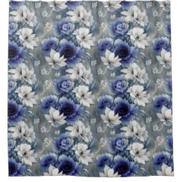 青エレガントと白のバラとユリ シャワーカーテン