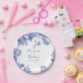 青エレガントと白のフローラ結婚 ペーパープレート (パーティー)