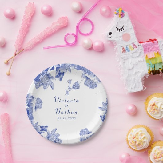 青エレガントと白のフローラ結婚 ペーパープレート (パーティー)