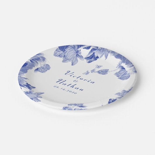 青エレガントと白のフローラ結婚 ペーパープレート (アングル)