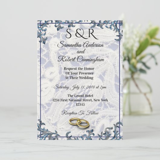 青エレガントと白のレースとリングや輪- 招待状 (スタンド正面)