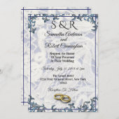 青エレガントと白のレースとリングや輪- 招待状 (正面/裏面)