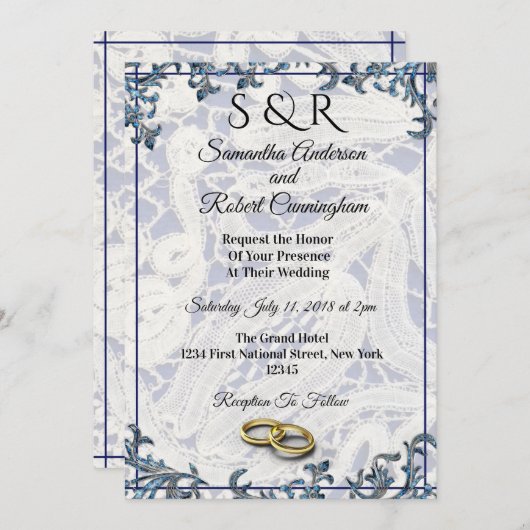 青エレガントと白のレースとリングや輪- 招待状 (正面/裏面)