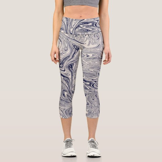 青エレガントと白の大理石の渦巻き カプリレギンス (正面)