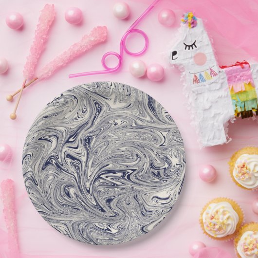 青エレガントと白の大理石の渦巻き ペーパープレート (パーティー)