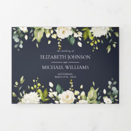 青エレガントと白の水色のフローラ結婚 三つ折り招待状