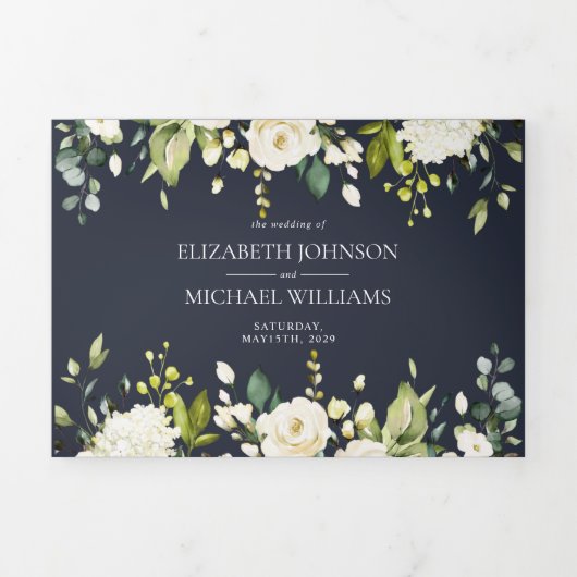 青エレガントと白の水色のフローラ結婚 三つ折り招待状 (カバー)