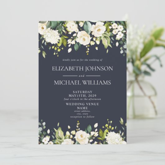 青エレガントと白の水色のフローラ結婚 招待状 (スタンド正面)