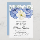 青エレガントと白の水色50誕生日 招待状 (正面/裏面)