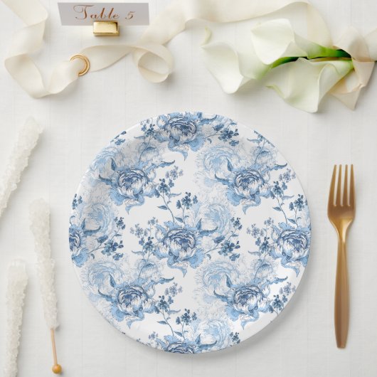 青エレガントと白の牡丹 ペーパープレート (ウェディング)