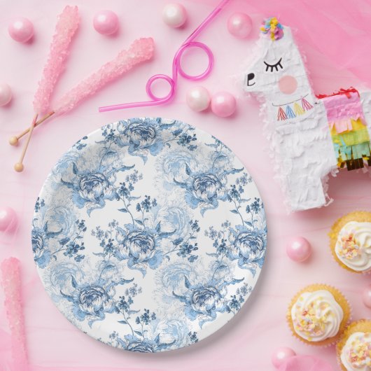 青エレガントと白の牡丹 ペーパープレート (パーティー)