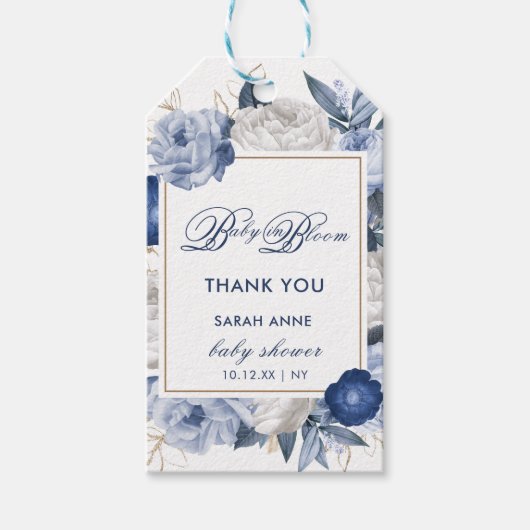 青エレガントと白の花の赤ちゃんシャワー ギフトタグ (正面)