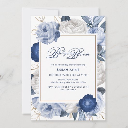 青エレガントと白の花の赤ちゃんシャワー 招待状 (正面)