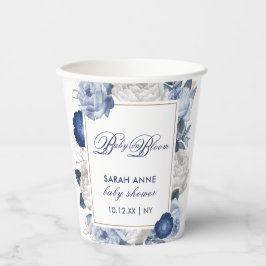 青エレガントと白の花の赤ちゃんシャワー 紙コップ