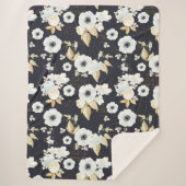 青エレガントと白の花柄 シェルパブランケット (正面)
