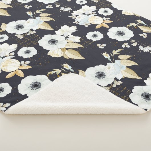 青エレガントと白の花柄 シェルパブランケット (3/4)