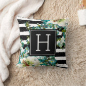 青エレガントと白の花（モノグラム） クッション (ブランケット)