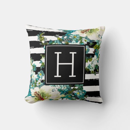 青エレガントと白の花（モノグラム） クッション (正面)