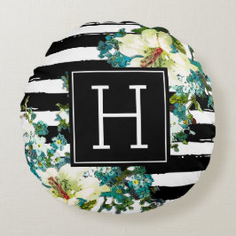 青エレガントと白の花（モノグラム） ラウンドクッション