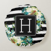 青エレガントと白の花（モノグラム） ラウンドクッション (裏面)