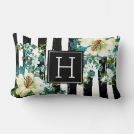 青エレガントと白の花（モノグラム） ランバークッション