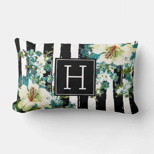 青エレガントと白の花（モノグラム） ランバークッション (正面)