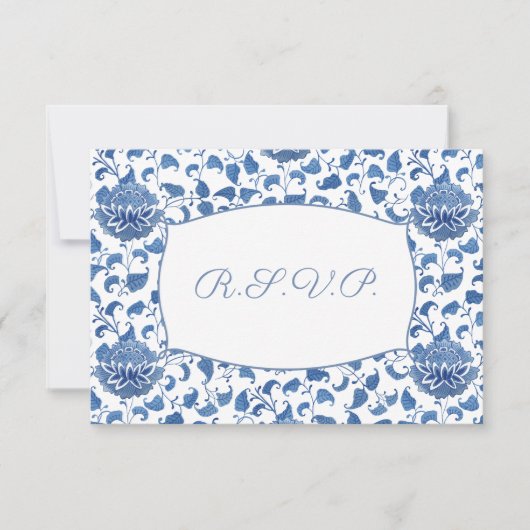 青エレガントと白の食事オプション結婚式RSVP 出欠カード (正面)