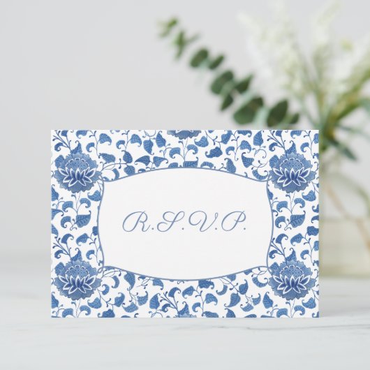 青エレガントと白の食事オプション結婚式RSVP 出欠カード (スタンド正面)