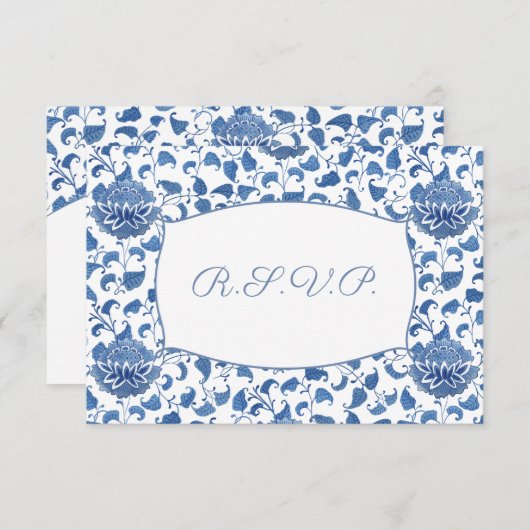 青エレガントと白の食事オプション結婚式RSVP 出欠カード (正面/裏面)