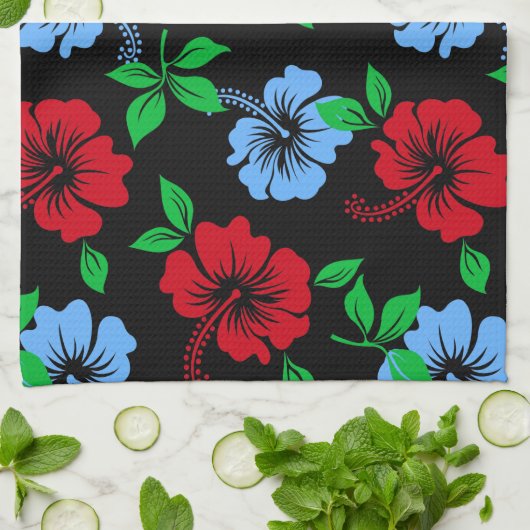 青エレガントと赤の熱帯花柄 | キッチンタオル (折り畳み)