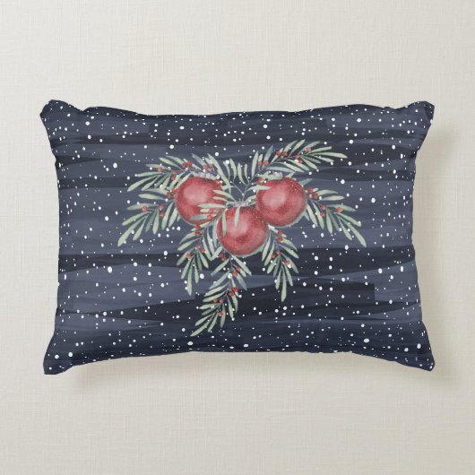 青エレガントと赤の雪の植物性クリスマス アクセントクッション (正面)