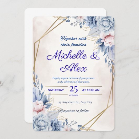 青エレガントと赤面のフローラ結婚式招待状 招待状 (正面/裏面)