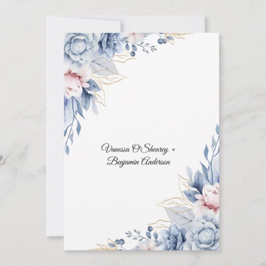 青エレガントと赤面のフローラ結婚式招待状 招待状 (裏面)