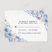 青エレガントと赤面のフローラ結婚 出欠カード (正面/裏面)