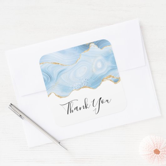 青エレガントと金ゴールドが再び縁ど感謝 スクエアシール (封筒)