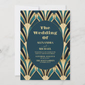 青エレガントと金ゴールドのアールデコ結婚 招待状 (正面)