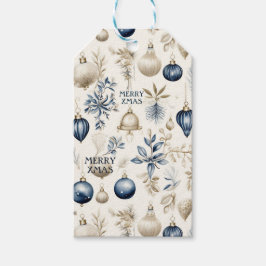 青エレガントと金ゴールドのクリスマスオーナメントパターン ギフトタグ