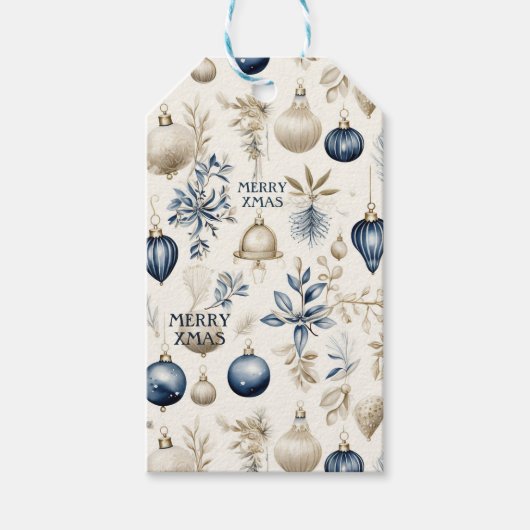 青エレガントと金ゴールドのクリスマスオーナメントパターン ギフトタグ (正面)