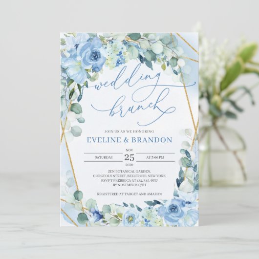 青エレガントと金ゴールドのジオメトリックフレ結婚ーム 招待状 (スタンド正面)