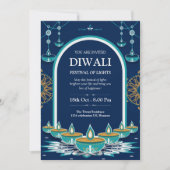青エレガントと金ゴールドのディワリフェスティバルのライト 招待状 (正面)