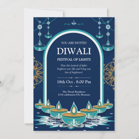 青エレガントと金ゴールドのディワリフェスティバルのライト 招待状 (正面)
