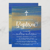 青エレガントと金ゴールドのバプテスマ 招待状 (正面/裏面)