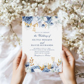 青エレガントと金ゴールドのフローラカップルの結婚写真 招待状